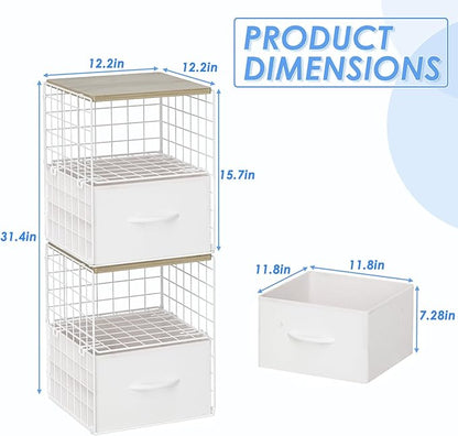 2 Pack Stackable Storage Drawers, Closet Organizers and Storage Shelves with Wooden Top & Adjustable Dividers, White Fabric Closet Drawer Organizer, Modular Storage Bins for Bedroom Wardrobe Apartment