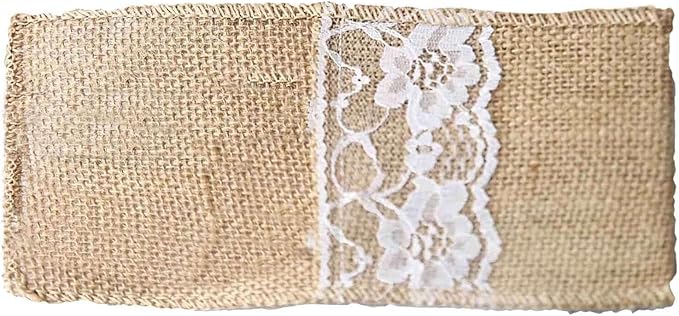 Efavormart 10 Pack Natural Burlap and Lace Silverware Holder Pouches, 4"x8" Rustic Cutlery Pockets for Weddings, Country Parties, and Vintage Themed Table Decor