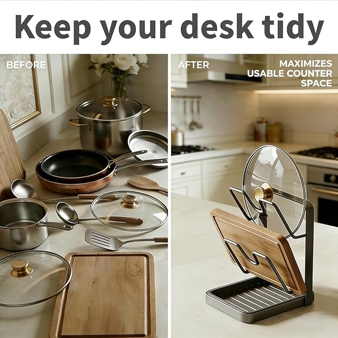 Kitchen Pot Lid Storage Rack, Double Layer Pot Lid Holder Organizer Rack & Holders While Cooking, Multifunctional Pot Lid Organizer with Removable Drip Tray for Countertop