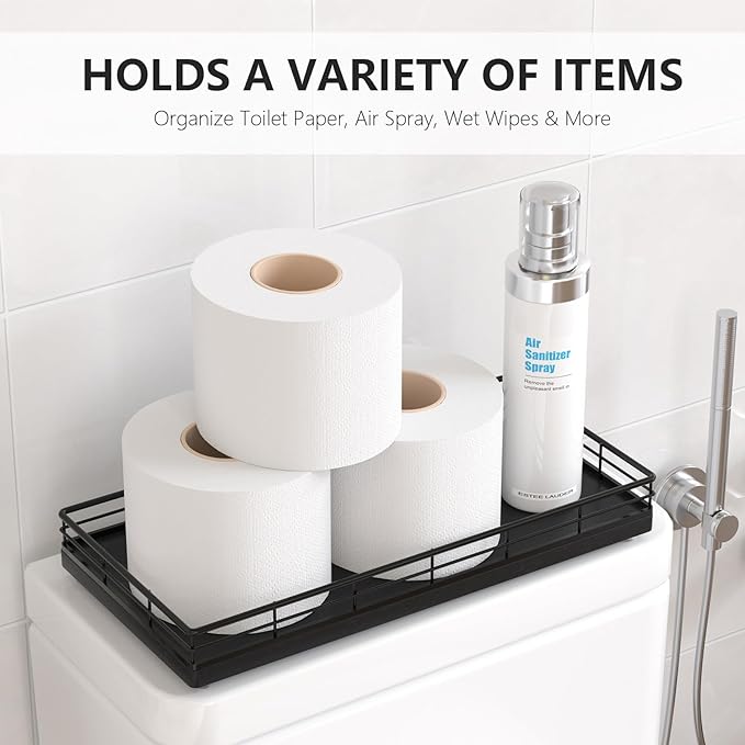 Toilet Paper Basket Organizer – Oak Wood Toilet Tank Tray with Metal Frame, Bathroom Counter Top Storage for Toilet Paper, Wipes & Decor, Modern Narrow Back of Tank Shelf Organizer, Black