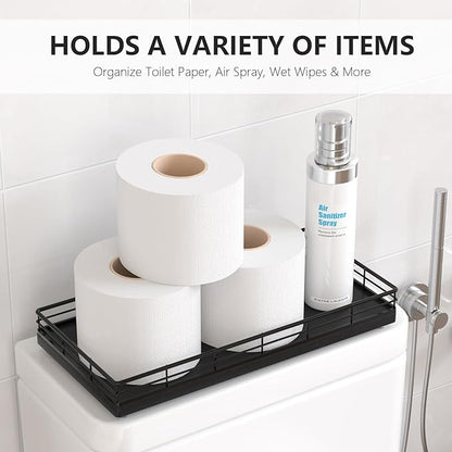 Toilet Paper Basket Organizer – Oak Wood Toilet Tank Tray with Metal Frame, Bathroom Counter Top Storage for Toilet Paper, Wipes & Decor, Modern Narrow Back of Tank Shelf Organizer, Black