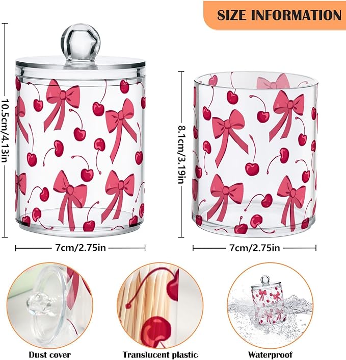 ALAZA 4 Pack Qtip Holder Dispenser Pink Cherry Bow Cotton Ball Cotton Swab Round Pads Floss Clear Bathroom Storage Containers Plastic Apothecary Jars with Lids