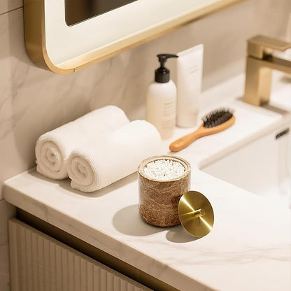 Marble Qtip Holder with Brass Lid for Cotton Swabs,Balls,Pads,Floss Picks Large Capacity Marble Apothecary Jar for Bathroom Essentials Decor, Vanity Makeup Storage Organizer Light Brown (WH080)