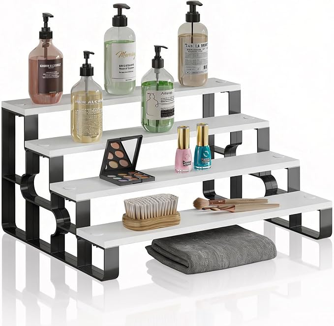 4 Tier Cologne and Perfume Organize for Women,Display Riser Stand for Bedroom Vanity,Wooden Bathroom Countertop Organizer,Bathroom Storage Shelf(White,Width=11.2")