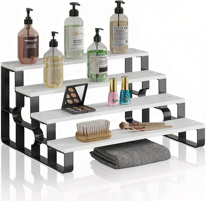 4 Tier Cologne and Perfume Organize for Women,Display Riser Stand for Bedroom Vanity,Wooden Bathroom Countertop Organizer,Bathroom Storage Shelf(White,Width=11.2")