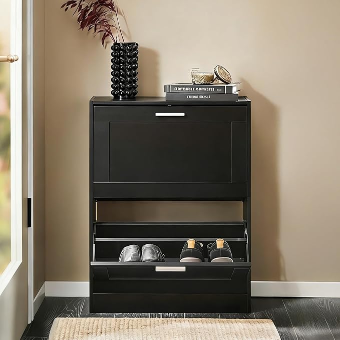 Haotian Shoe Cabinet Storage for Entryway, Narrow Shoe Cabinet with Two Flip Drawers to Save Space, Shoe Rack Cabinet for Front Door Entrance Hallway (Black)