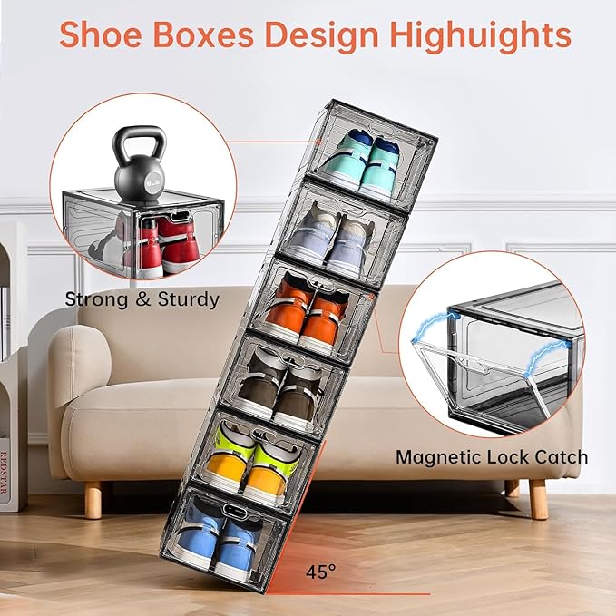 INSTY 12 Pack Gray Transparent Shoe Storage Organizer, Stackable Shoe Boxes for Closet, Drop Front Plastic Shoe Box with Grey Door, Easy to Assemble, Fit up US Size 12(13.4”x 9.8”x 7.1”)