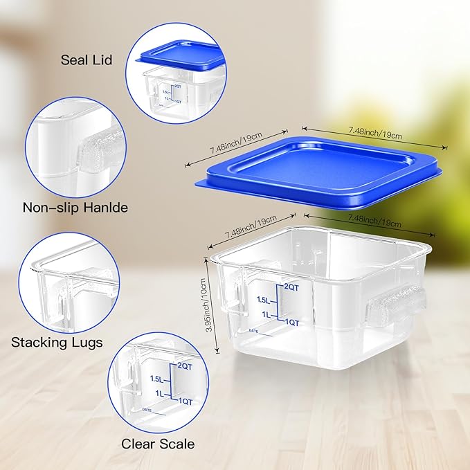 4 pcs 2qt Food Storage Containers with Lid, Square Clear Commercial Food Storage Containers with Handle and Scale for Food Storage in Home Kitchen & Dining (Blue)