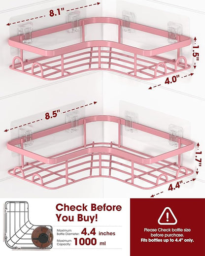 Sakugi Corner Shower Caddy - 2 Pack, Adhesive Shower Organizers, Rustproof Stainless Steel Shower Shelves with 8 Hooks, No Drilling Bathroom Organizers and Storage Racks, Space-Saving, Pink, Medium