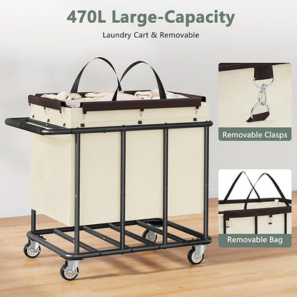 FAVOOSTY 470L Heavy Duty Commercial Laundry Cart with Wheels,Industrial Rolling Laundry Hamper, Extra Large Laundry Basket, Metal Frame for Hotel/Hospital/Home, 440lbs (Beige)
