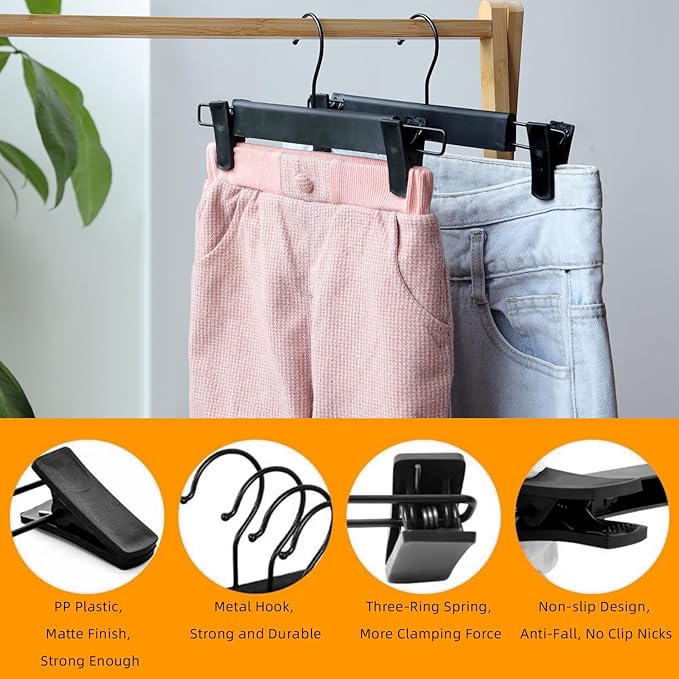 NORTHERN BROTHERS Pants Hangers, Black 20 Pack with Clips for Pants, Skirts, and Shorts - Plastic Bulk Hangers