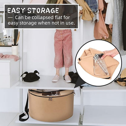 LitLandstar Hat Organizer Round Storage Box Portable Felt Container Foldable Hat Holder with Dust Proof Lid, Hat Rack for Closet or Travel (17" D x 10" H, Khaki)