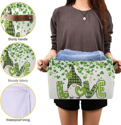St Patrick's Day Gnome Storage Basket - Shamrock Clovers Cute Fabric Laundry Shelf - Large Foldable Storage Box Cube With Handle - Closet Bin Organizer for Kids Toys Cloth Bedroom