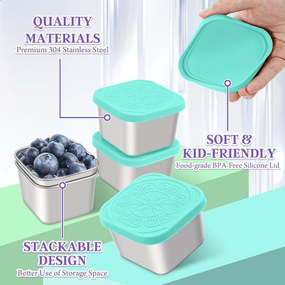 Qukaka Stainless Steel Snack Containers for Kids,7.2oz Easy Open Leak Proof Reusable Snack Box Container with Lids,Small Lunch Containers for Meal Prep,School,Picnic and Travel-3Pack