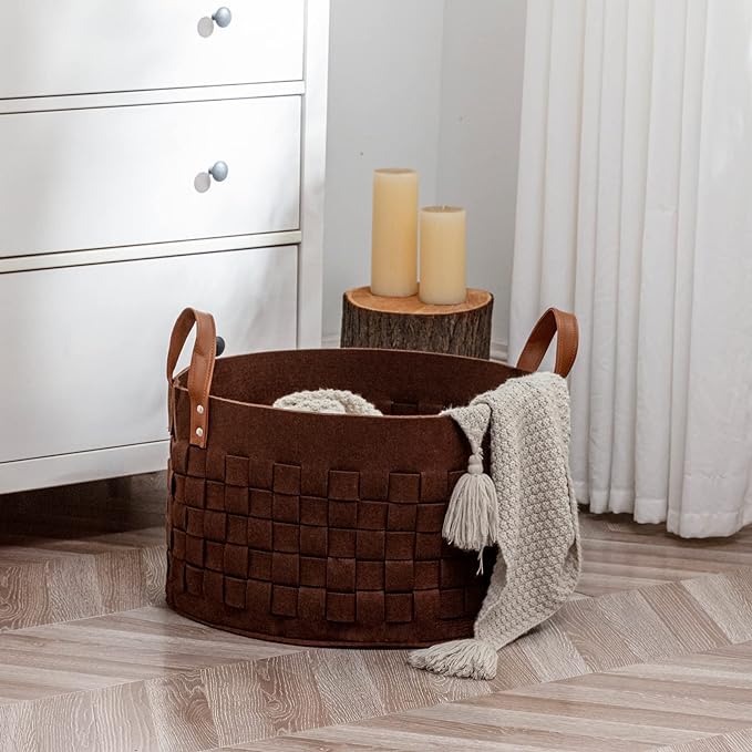 BOLDMONKEY Laundry Basket 20" x20 " x11.8 ", Large Felt Fabric Blanket Basket with Leather Handle, Dirt Clothes Laundry Hamper Round for Babies, Dogs and Living Room-Brown