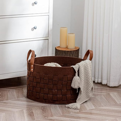 BOLDMONKEY Laundry Basket 20" x20 " x11.8 ", Large Felt Fabric Blanket Basket with Leather Handle, Dirt Clothes Laundry Hamper Round for Babies, Dogs and Living Room-Brown