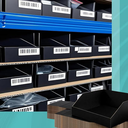 Fuyoooo 30 Pack 12 x 10 x 4. 5 Inches Cardboard Storage Bins Open Top Bin Boxes Black Corrugated Shelf Organizer Bins for Pantry, Parts, Garage, Snacks, Bottles, Cans or Warehouse Home Cubby