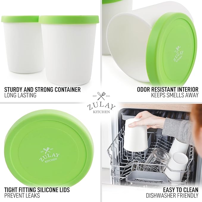 Zulay [2 Pack - 1 Quart Each] Large Ice Cream Containers For Homemade Ice Cream - Reusable Ice Cream Container Set with Lids - Ice Cream Pint Containers For Sorbet, Gelato, Frozen Yogurt (Green)