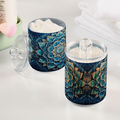 Mandala Pattern Blue Qtip Holder 4 Pack - 10 Oz Clear Plastic Apothecary Jar Set for Bathroom Organization - Versatile Canister Storage for Cotton Balls, Swabs, Rounds