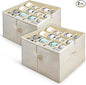 Under Bed Shoe Storage Organizer 16 Compartment, Foldable Shoe Organizer Under Bed with Clear PVC Lid, Shoe Storage Box with Zipper & Handle for Closet Bedroom, Off White, Pack of 2