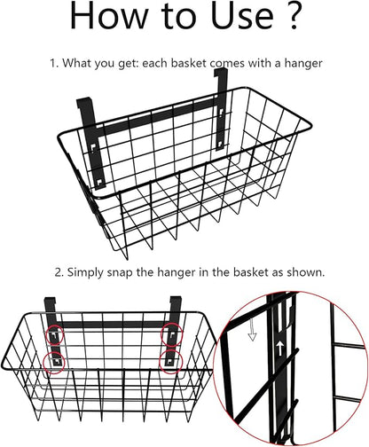 MaraFansie Basket with Hook, Grid Storage Basket, Over the Cabinet Door Organizer, Wire Hanging Basket with Hook Over the Railing, Under Sink Kitchen Cabinet, Pantry, Bathroom, Black, 2 Pack