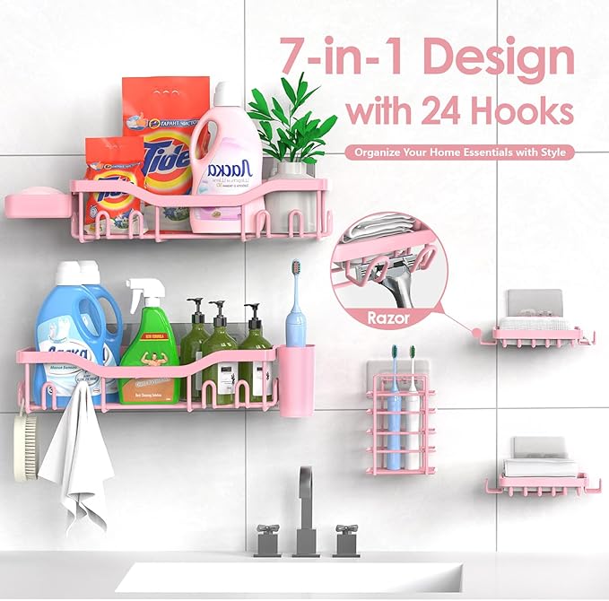 NESOMI Shower Caddy Adhesive Shower Organizer 7-Pack, Rustproof Stainless Steel Bathroom Shelves, Large Capacity No-Drill Rack Storage Accessories with Soap Dish Toothbrush Holder Hooks