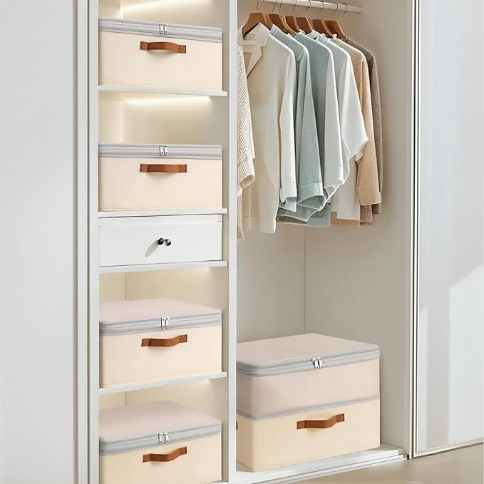 Homsorout Large Closet Storage Bins - Compression Organizer Bins, Stackable Closet Organizer, Expandable Under Bed Storage Containers for Clothes, Towels, Sheet, 4 Pack, Beige