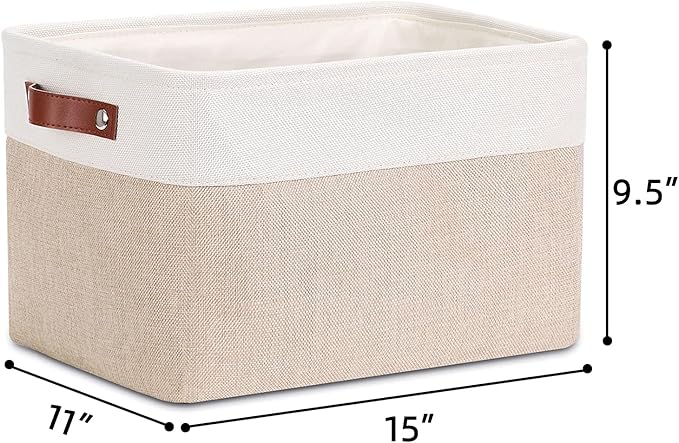 DULLEMELO Fabric Storage Basket for Shelves/Closets, Collapsible Rectangle Basket for Organizing Clothes, Towels, Books, Laundry, Nursery, Dog Basket Empty (White&Khaki)
