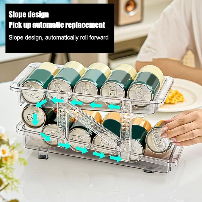 Auto Rolling Soda Can Dispenser, 2 Tier Adjustable Width Drink Container Holder for Fridge, Blue Organizer Dispenser