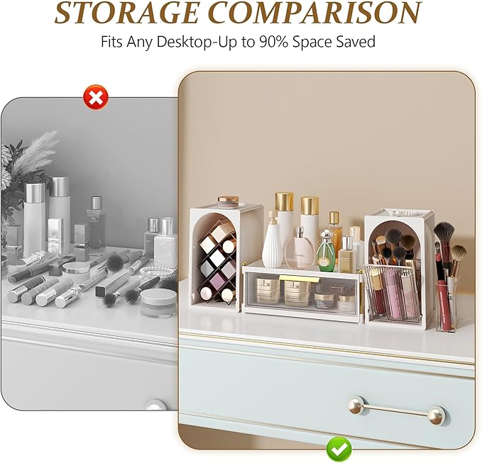 FOLLOWIN Compact Makeup Organizer Set, Lipstick Holder with Grid,Makeup Brush Organizer with Flip Drawer, 2 Ways to Arrange, Milk White Vanity Countertop Storage with Detachable Drawer for Cosmetics
