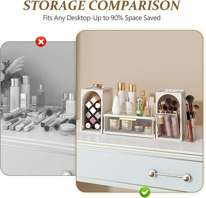 FOLLOWIN Compact Makeup Organizer Set, Lipstick Holder with Grid,Makeup Brush Organizer with Flip Drawer, 2 Ways to Arrange, Milk White Vanity Countertop Storage with Detachable Drawer for Cosmetics