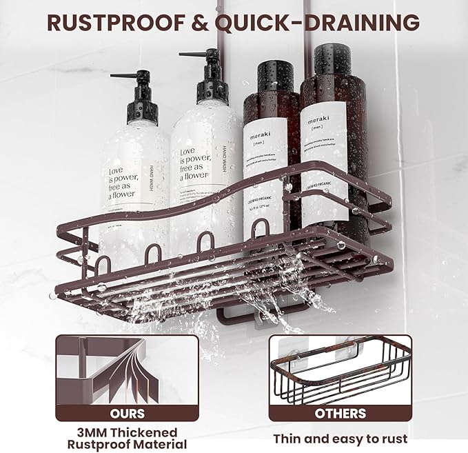 REINHARDT Shower Caddy Hanging, Rustproof Shower Caddy Anti-Swing Shower Organizer No Drilling Showers Racks with Soap Holder Multi Hooks Bathroom Storage for Shampoo Sponge, Bronze