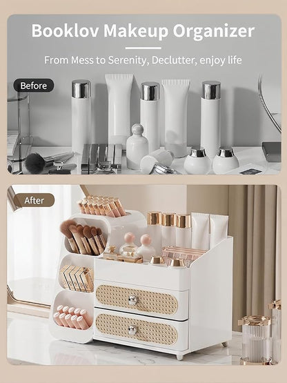 Booklov Makeup Organizer for Vanity, Large Capacity Cosmetic Display Case with Drawers, Countertop Beauty Storage Holder for Skincare, Brush Eyeliner Perfume Eyeshadow Lipsticks, Counter Desk, White