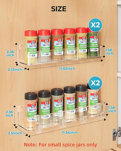 Nieifi Spice Rack Wall Mount, 4 Pack, Clear, 2 Inch Wide, Screw or Adhesive Installation, Spice Rack Organizer for Small Spice Jars, Suitable for Kitchen Cabinet or Pantry Door