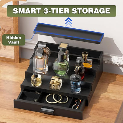 Perfume Cologne Organizer for Men: 4 Tier Wooden Perfumes Stand, Desktop Parfum Holder Wood Display Shelf with Cabinet, Bedroom Dresser Makeup Lotion Jewelry Storage Rack with Drawer