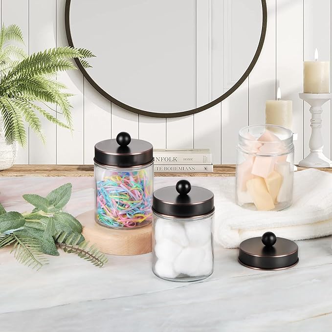 Apothecary Jar Canisters Bathroom Vanity Organizer - Qtip Holder Storage Organizer Countertop -Stainless Steel Lids &Cute Stickers for Qtips,Cotton Swabs,Makeup Sponges,Floss(3 Pack) (ORB)