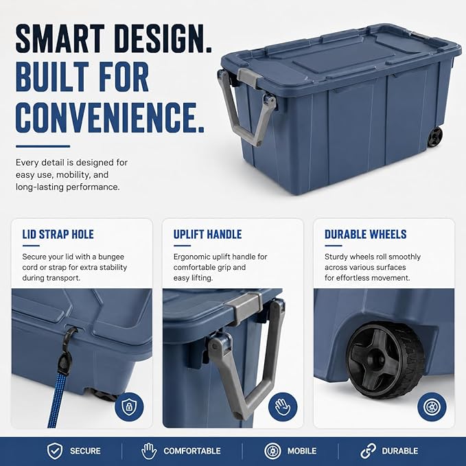 Extra Large 40 Gallon Wheeled Industrial Storage Bins, Heavy Duty Plastic Stackable Totes with Latch Lids and Pull Handle for Garage, Basement, and Moving, Blue, 2 Pack