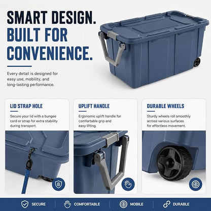 Extra Large 40 Gallon Wheeled Industrial Storage Bins, Heavy Duty Plastic Stackable Totes with Latch Lids and Pull Handle for Garage, Basement, and Moving, Blue, 2 Pack