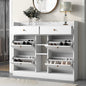 JIVOIT 2-Tier Shoe Storage Organizer, Modern Wooden Shoe Cabinet with 4 Flip Drawers, Multifunctional Free Standing Shoe Rack for Entrance Hallway Small Spaces (White+4 Flip Drawers)