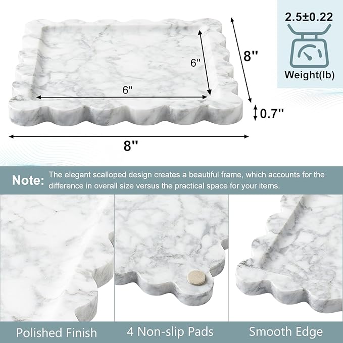 Real Natural Scalloped Marble Tray for Bathroom, Vanity, Kitchen and Desktop, Decorative Stone Tray for Jewelry, Cosmetics, Candles, Lotion, Perfume and Home Décor (White, 8" x 8")