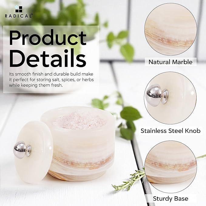 Radicaln Marble Salt Cellar with Lid 3" White Onyx Handmade Salt Box & Spice Jar for Kitchen Counter, Ideal Salt Holder, Sugar Bowl & Salt Dish, Salt Container For Housewarming Gift & Kitchen Decor