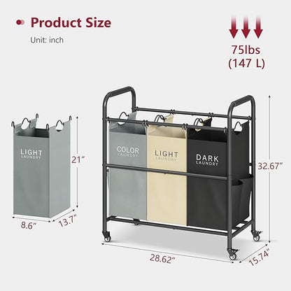 Tajsoon 3 Bag Laundry Sorter Cart, Laundry Hamper Sorter Basket with Heavy Duty Lockable Rolling Wheels for Clothes Storage, 3 Colors