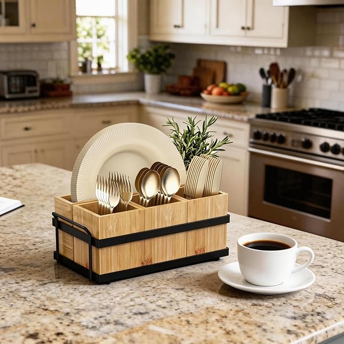 Silverware Caddy for Party, Wood Utensil Caddy with 4 Removable Compartments for Kitchen Countertop Organizing Paper Plate, Fork, Spoon, Napkin