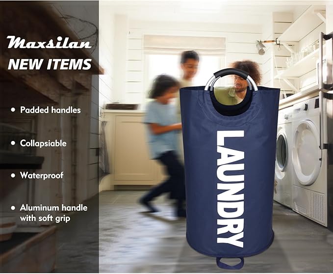 Maxsilan 90L Large Laundry Basket, Freestanding Tall Clothes Hamper, Collapsible Laundry Bag, Dark Blue