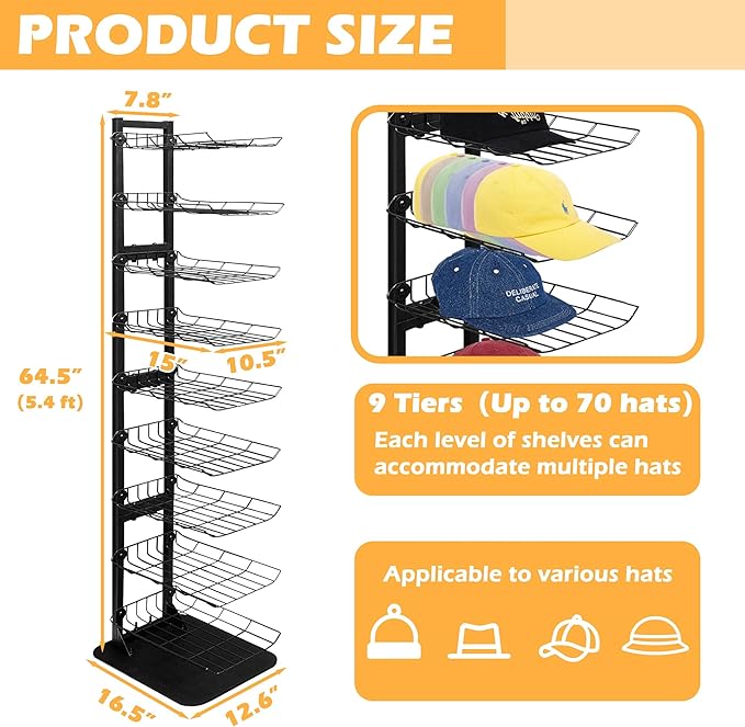 Hat Display 9 Tier, Hat Rack Stand Up to 70 Caps, Metal Hat Stands for Multiple Hats, Commercial Retail Hats Display, Black