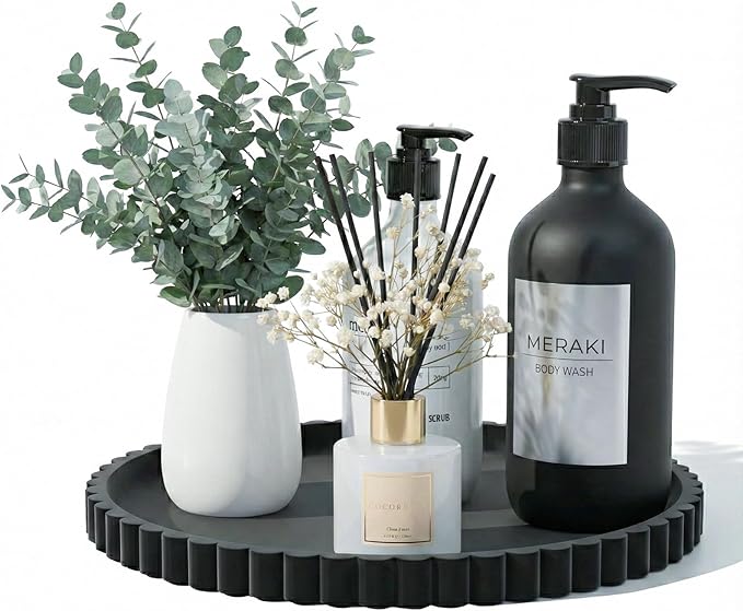 Silicone Bathroom Vanity Tray, Modern Round Decorative Tray for Countertop, Waterproof & Unbreakable Cosmetic Perfume Organizer, Extra-Thick & Sturdy, Easy to Clean Candle Tray (Black, 10 inch)