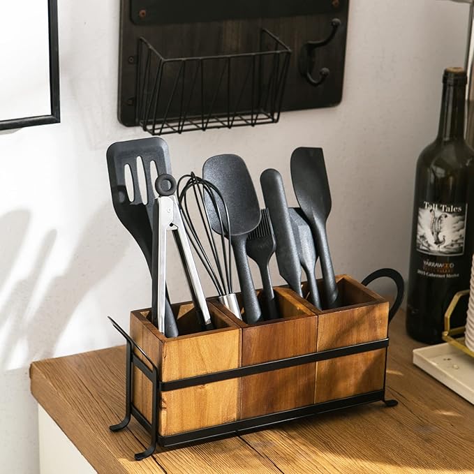 NelyBet Utensil Caddy Silverware Cutlery Holder with 3 Compartment, Wooden Utensil Crock Flatware Organizers with Metal Tray, Rustic Kitchen Utensil Organizers for Farmhouse Kitchen and Countertop