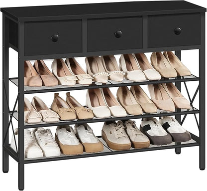 YATINEY 4-Tier Shoe Rack with 3 Drawers, Metal Shoe Organizer for 15 Pairs with Storage Shelves and Wooden Top, for Entryway, Hallway, Foyer, Closet, Black SS34BB