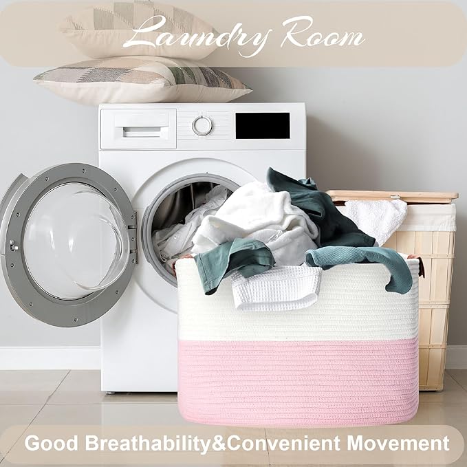 Large Cotton Rope Storage Basket with Leather Handles, Laundry Hamper Basket, 20 "L x 14" W x 12 "H, Durable & Stylish Organizer for Home.(Large Pink)
