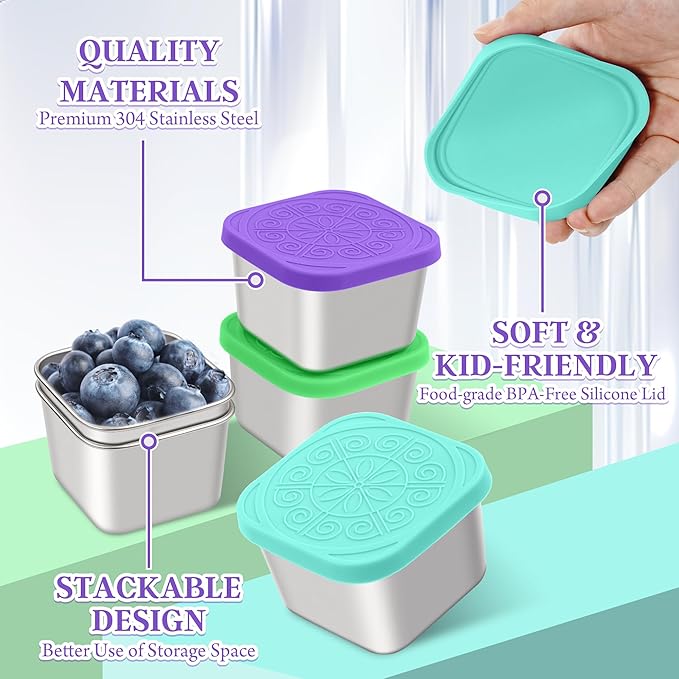 Qukaka Stainless Steel Snack Containers for Kids,7.2oz Easy Open Leak Proof Reusable Snack Box Container with Lids,Small Lunch Containers for Meal Prep,School,Picnic and Travel-3Pack